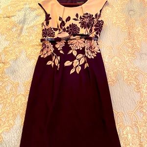 Classy tan & purple belted dress.